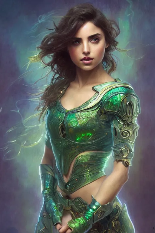 Image similar to Ana de Armas wearing iridescent green opal armor, fantasy, intricate, cinematic lighting, highly detailed, beautiful, digital painting, artstation, masterpiece, concept art, smooth, sharp focus, illustration, art by Artgerm and Greg Rutkowski and Alphonse Mucha and william-Adolphe Bouguereau