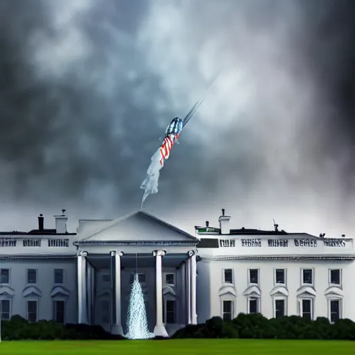 Image similar to gandalf attacks the white house, realistic extremely detailed photo style painting, granular detail, holographic krypton ion, octane render, 4 k, f 3 2, 5 5 mm photography, wide angle