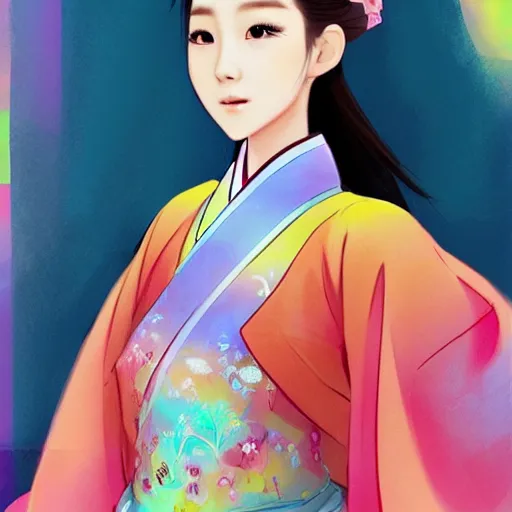 Image similar to pretty korean woman wearing beatiful hanbok, face by artgerm, bright pastel colors, studio ghibli painterly style, trending on artstation, tarot card