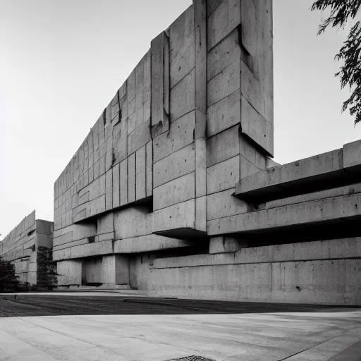 Prompt: a giant brutalist palace built in brutalism architecture, diverse unique building geometry full of shapes and corners, photography