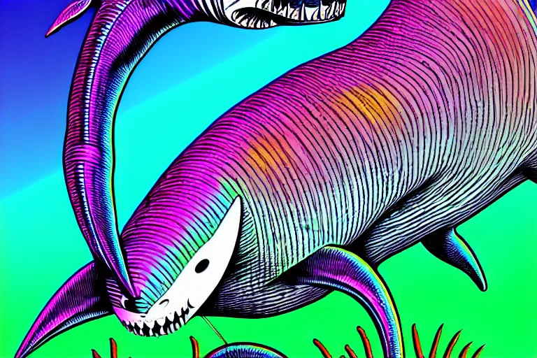 Image similar to a detailed digital art of a bunny disguised as a shark in the style of junji ito and moebius and giger, rainbow color scheme, ornate, photosynthetic,8k,award winning art,