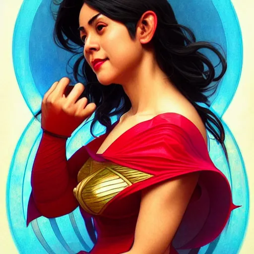 Prompt: leni robredo as darna, volumetric lights, red and cyan theme, art nouveau botanicals, intricate, highly detailed, digital painting, artstation, concept art, smooth, sharp focus, cinematic, illustration, beautiful face, art by artgerm and greg rutkowski and alphonse mucha