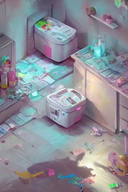 Image similar to Diaper Disposal Robot, Overflowing with Diapers, digital art, fantasy, trending on artstation, professional illustration, cgsociety, ultra detailed, volumetric lighting, celshaded, colorful, girly bedroom