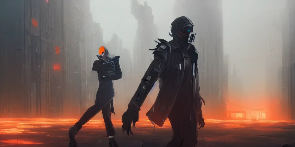 Prompt: rue boss giving a bad time to an anonymous guard in the office of a cyberpunk dystopian city at day in an orange fog artstation