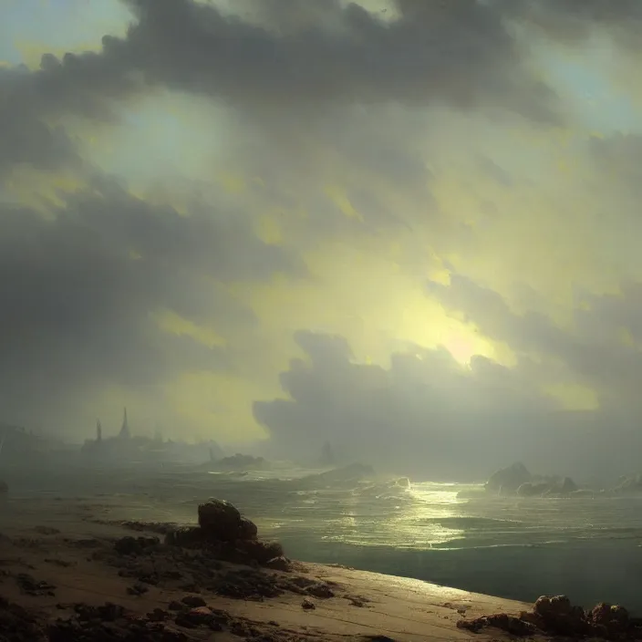 Image similar to a beautiful oil painting of a wasteland by ivan aivazovsky and greg rutkowski and james gurney and frank lloyd and sung choi, in style of impressionnisme. hyper detailed, sharp focus, soft light. unreal engine 5 lumen. ray tracing. trending on artstation. oil on canvas