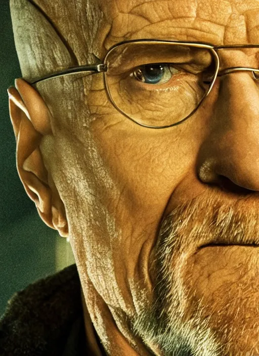 Image similar to a close - up, color cinema film still of walter white in blade runner 2 0 4 9, cinematic lighting at night.