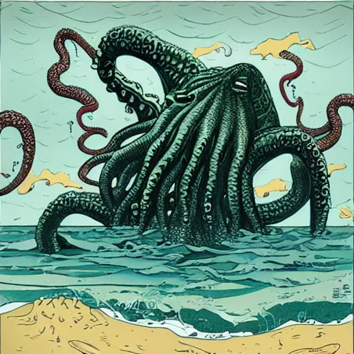 Image similar to cthulhu monster rising from the ocean with a synthesizer under its arm