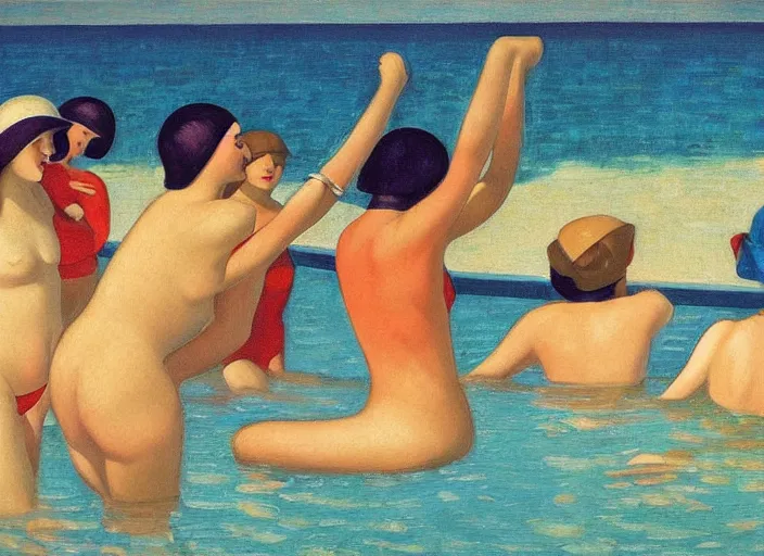 Prompt: a painting of a group of people playing in a pool at the edge of the world, an art deco painting by mark gertler, featured on flickr, american scene painting, 1 9 2 0 s, art deco, ilya kuvshinov