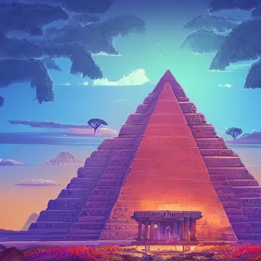 Image similar to ancient pyramids with gardens and waterfalls,digital art,retrowave art,trending on art station