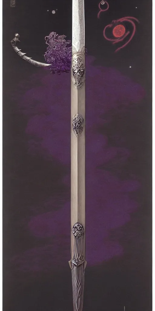 Image similar to a katana in the style of zdzisław beksinski, elegant, silver and amethyst inlay, flower motif, weapon on display, night sky