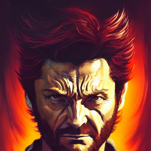 Image similar to wolverine starring into the camera, fixed eyes, cinematic, surreal, dramatic lighting, face, detailed, intricate, elegant, highly detailed, digital painting, artstation, chalk, concept art, smooth, sharp focus, illustration, art by sam spratt, dan mumford, artem demura and alphonse mucha