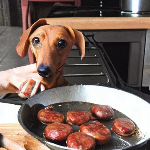 Image similar to dachshund cooking some sausages on a pan