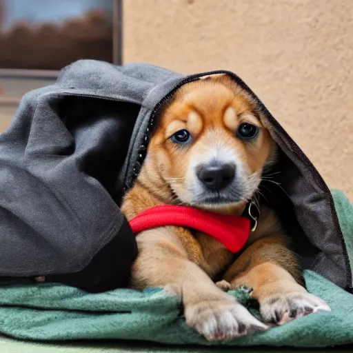 Image similar to puppy wearing a duffel coat