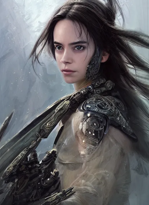 Image similar to a professional portrait of a beautiful young female, clothed in ethereal battle armor, olive skin, long dark hair, beautiful bone structure, symmetrical facial features, intricate, elegant, digital painting, concept art, smooth, sharp focus, finely detailed, illustration, from Valerian and the City of a Thousand Planets, in the style of Ruan Jia and Mandy Jurgens and Artgerm and Greg Rutkowski and William-Adolphe Bouguerea