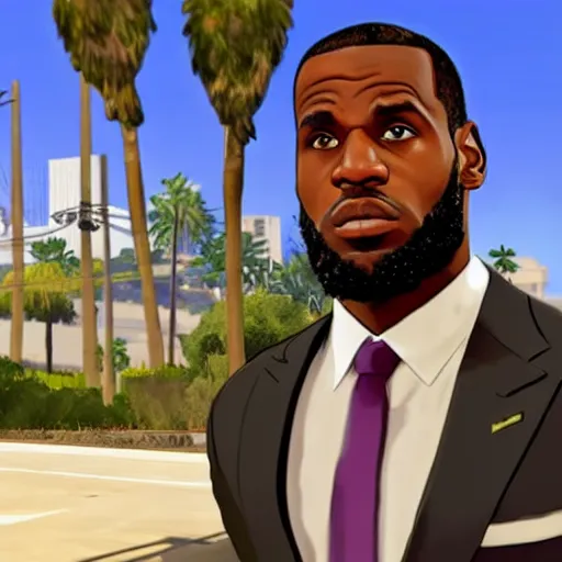 Image similar to Lebron James wearing a suit in GTA V . Los Santos in background, palm trees. in the art style of Stephen Bliss