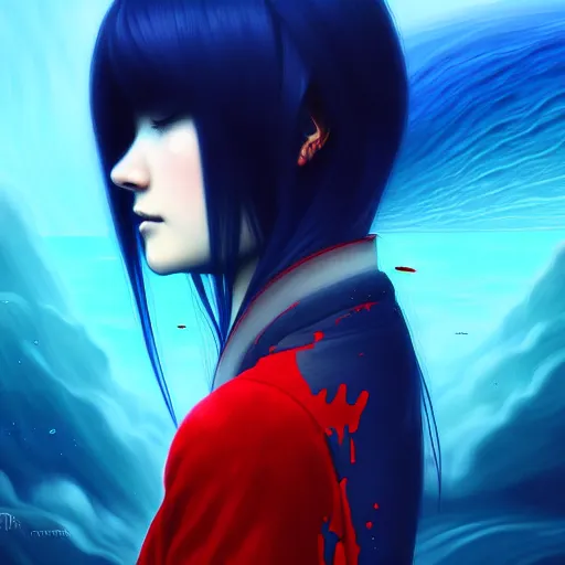 Prompt: red water swirling around rimuru tempest crying, enveloped in ghosts, sky blue straight hair, bangs, with amber eyes, black jacket, high collar, ultra fine detaile, dark theme, digital painting, psychedelic, cinematic, wlop, pixiv, ilya kuvshinov, ross tran