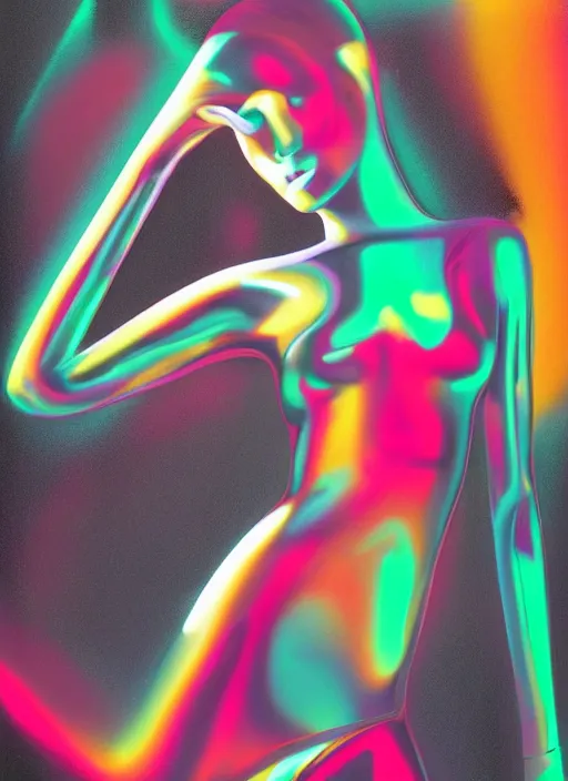 Image similar to futuristic lasers tracing, colorsmoke, fullbodysuit, pyramid hoodvisor, raindrops, wet, oiled, beautiful cyborg girl, by steven meisel, kaws, rolf armstrong, mondrian, hannah af klint perfect geometry abstract acrylic, octane hyperrealism photorealistic airbrush collage painting, monochrome, neon fluorescent colors, minimalist rule of thirds, eighties eros