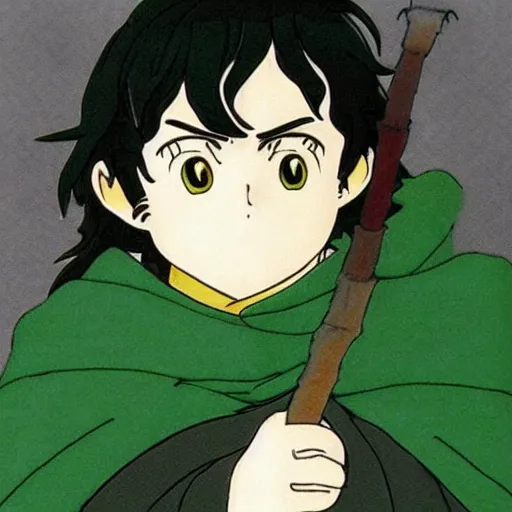 Image similar to peregrin took from the anime lord of the rings (1986), dark hair, green cape, hobbit, studio ghibli, very detailed, realistic