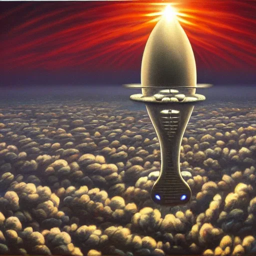 Image similar to big alien spaceship shaped like cloud hanging above city by jeffrey smith, oil on canvas