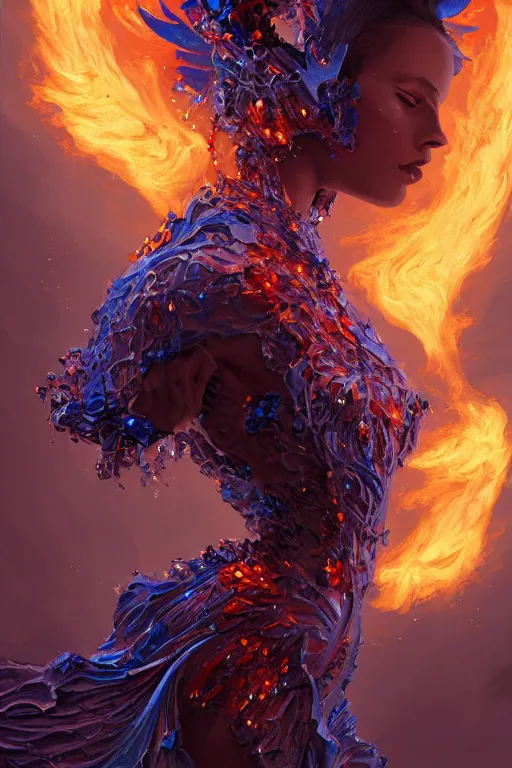 Image similar to torso closeup model wearing exploding fire crystal dress, sorcerer, diamonds, angel, fantasy, dramatic lighting, highly detailed, digital painting, holding electricity, magic the gathering, hyper detailed, 3 d render, hyper realistic detailed portrait, peter mohrbacher, wlop, ruan jia