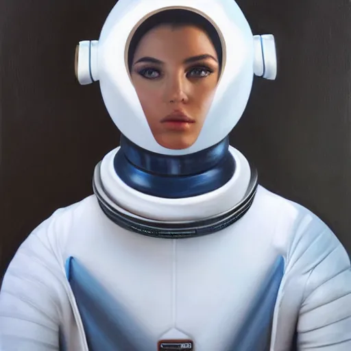 Prompt: fashion model in futuristic astronaut suit, portrait, hyperrealism oil painting