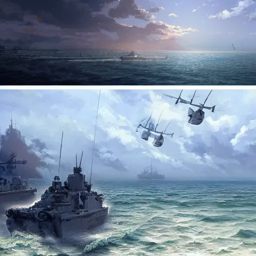 Prompt: landing crafts reaching the beaches of normandy amidst gunfire, highly detailed, digital painting, concept art, sharp focus, by makoto shinkai