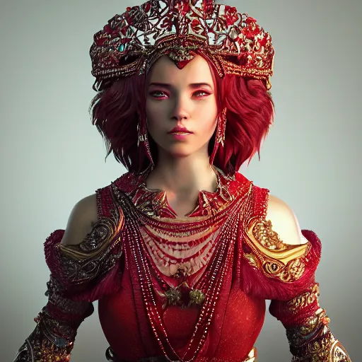 Prompt: portrait of wonderful princess of rubies with fair skin, ornate 8 k radiant gorgeous intricate detailed, accent lighting, dramatic light, octane render