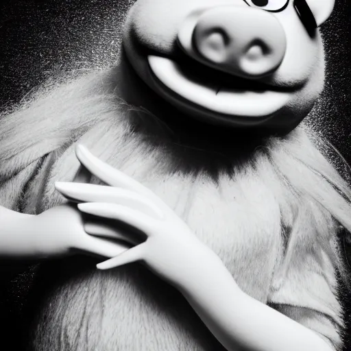 Image similar to professional black and white glamour shot photography of miss piggy, stunning, 4 k