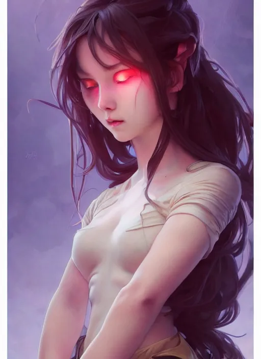 Image similar to intense fan art concept art by artgerm, tooth wu, bierstadt, gurney, stalenhag and alphonse mucha. an innocent teen beauty lost to the night, contour light effect!! 8 k, stage light. octane render. smooth. sharp edge. ultra clear detailed, symmetric!! full body front pose!!