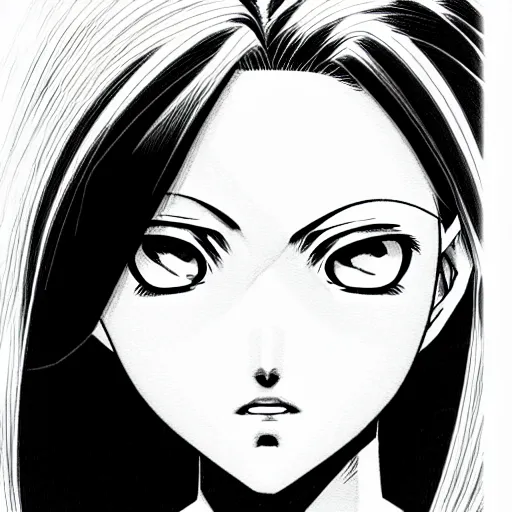 Image similar to alita by yukito kishiro. medium shot. black and white manga. pencil drawing. high detailed face