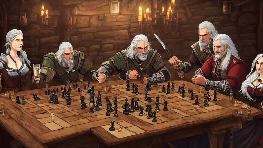 Image similar to Geralt of Rivia, yennefer, triss and Ciri playing chess in a tavern. geralt de rivia and ciri play at a table in the middle of the tavern, pixel art by Gerardo Quiroz, devian art, 4k