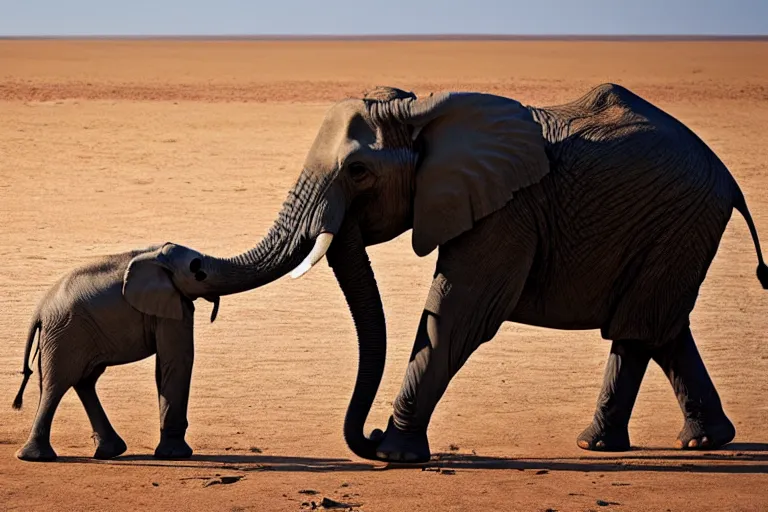 Image similar to an elephant having a conversation with a girrafe, sahara desert