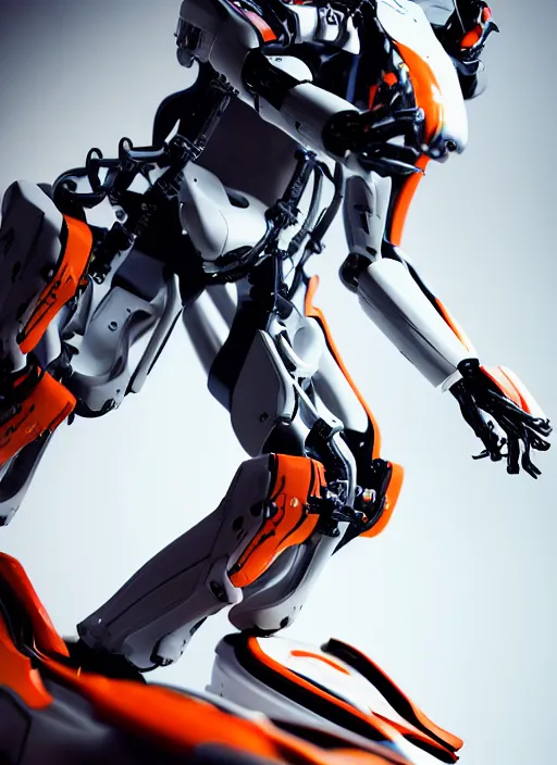 Image similar to a Photorealistic dramatic hyperrealistic full frame render of a Sleek futuristic exosuit Freedom Formula Racing Mech,Ultra realistic details,glossy white metal,Orange racing stripes,weathered surfaces,by Hidetaka Tenjin,Yoh Yoshinori,Yoji Shinkawa,Masamune Shirow,Beautiful dramatic dark moody tones and lighting,cinematic atmosphere,studio lighting,shadows,dark background, Octane render,8K