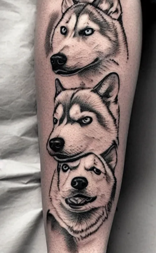 Image similar to a tattoo of a husky dog, detailed, tattoo,
