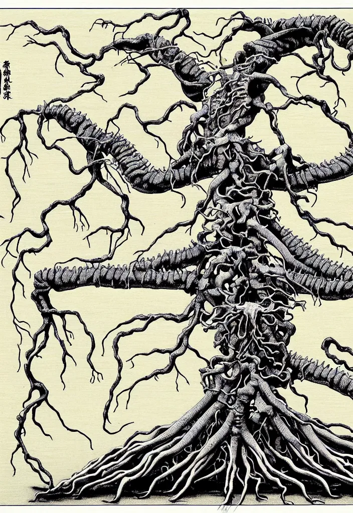 Image similar to prompt: anatomy dissection drawing skeleton Bonsai tree squid creature roots merging into big moon drawn by Takato Yamamoto, bonsai skeleton anatomy atlas, veins and organs attached to tree roots, alchemical objects inspired by 1980's sci-ci, old experimentation cabinet, intricate oil painting detail, manga 1980