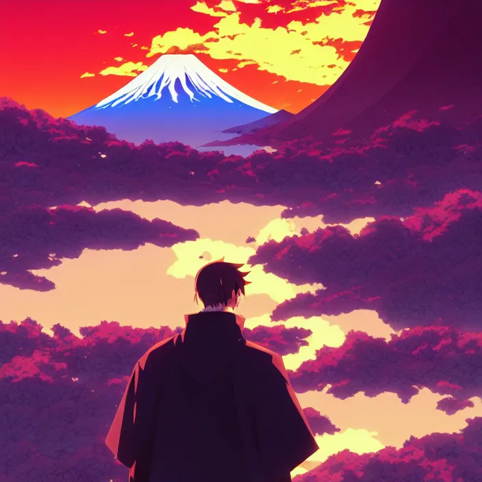 Image similar to portrait of the undertaker, mount fuji background, rich vivid colors, ambient lighting, dynamic lighting, 4 k, hq, official media, anime key visual, makoto shinkai, ilya kuvshinov, lois van baarle, rossdraws, detailed, trending on artstation