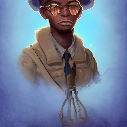 Image similar to african american man with blue eyes, blonde hair, wearing steampunk attire, highly detailed, digital painting, artstation, matte, by makoto shinkai, animation style