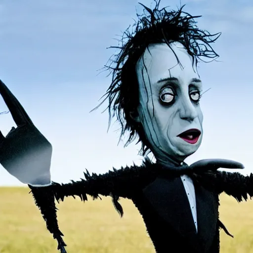 Image similar to first still from new tim burton movie has donald trump as edward scissorhands in edward scissorhands remake, ( eos 5 ds r, iso 1 0 0, f / 8, 1 / 1 2 5, 8 4 mm, postprocessed, crisp face, facial features )