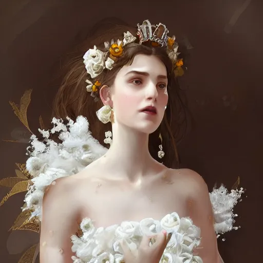 Image similar to a sweet queen with a decorated dress made of white cotton roses and white and cream plumes of swan, highly detailed, digital painting, Trending on artstation , HD quality, by artgerm and greg rutkowski and alphonse mucha, dramatic light, octane