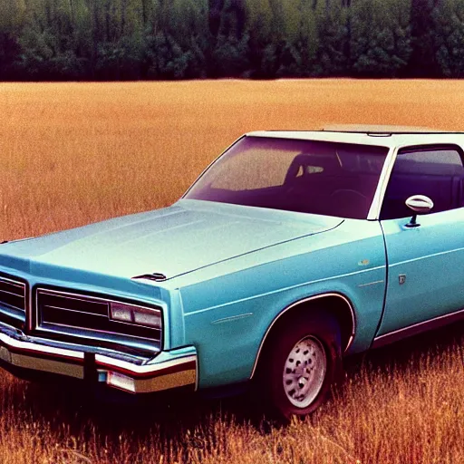 Prompt: A photograph of a (((((rusty, worn out, broken down, beater))))) Powder Blue Dodge Aspen (1976) in a farm field, photo taken in 1989