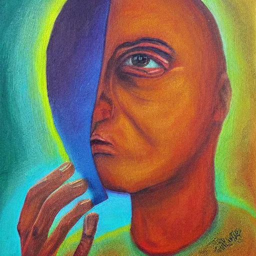 Prompt: a luminary visionary artist looking at a reflection of themselves oil painting