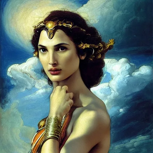 Image similar to Head and shoulders masterpiece oil painting of the beautiful goddess Gal Gadot as hera, she is wearing roman clothes and a surreal jewelry, her hair is natural disheveled, she is approaching heaven over the clouds, naturalism, dramatic lighting, high-detailed oil painting by Ilya Repin, Michelangelo da Caravaggio, William Blake, Alex Grey and Beksinski, trending on Artsation, hystorical painting, naturalism, masterpiece, 4k, 8k,