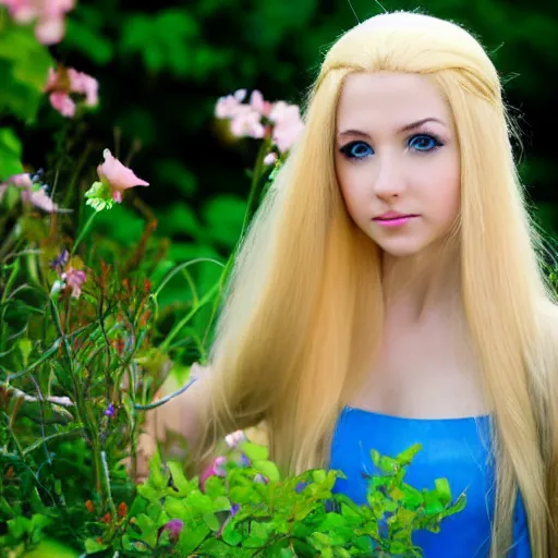 Image similar to beautiful gorgeous young elf princess blonde hair blue eyes in the garden high quality