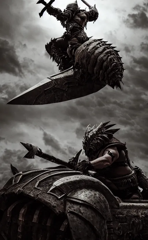 Prompt: vertical movie frame with heavy furious warrior riding ancient wooden atv, armor inspired by monster hunter, dark fantasy and fashion, strong blooded body, brutal blooded symmetrical face, epic,cinematic lighting, award winning, establishing shot, extremely high detail, photorealistic, brutal, provocative , cinematic lighting, artstation, octane render, dark fantasy ,old photo, vintage, black and white, Boris vallejo, sepia, old photography, documentary photography