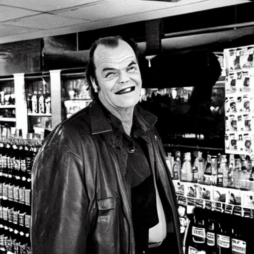 Image similar to jack nicholson walking in liquor store with baseball bat, security camera footage, cctv, high angle view,