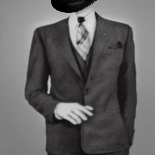 Image similar to A photograph portrait of Jerma985 wearing a suit with and fedora in the 1940s, taken in the early 1940s, grainy, taken on a 940s Kodak Camera, realistic, hyperrealistic, very realistic, highly detailed, very detailed, extremely detailed, detailed, digital art, trending on artstation