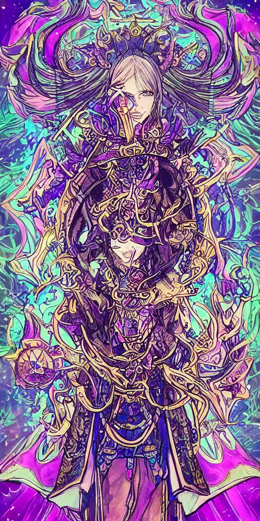 Image similar to a mage from final fantasy 14, intricate, amazing line work, cosmic, psychedelic, cheerful, colorful, tarot cards,