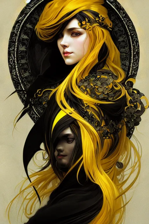 Prompt: beautiful black yellow, dark fantasy, intricate, elegant, highly detailed, digital painting, artstation, concept art, matte, sharp focus, illustration, art by artgerm and alphonse mucha