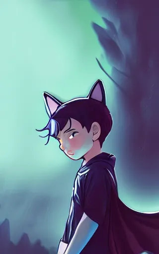 Prompt: little boy with cat ears wearing an latex suit with cape. digital painting made by makoto shinkai and james jean, deep ocean