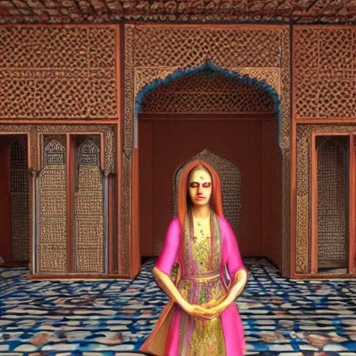 Prompt: Female of Mystical Art, Standing in a mughal architecture Virtual Universe, Hyperrealistic Look & Feel, Unreal Engine 8K , fashion styling , tetradic color